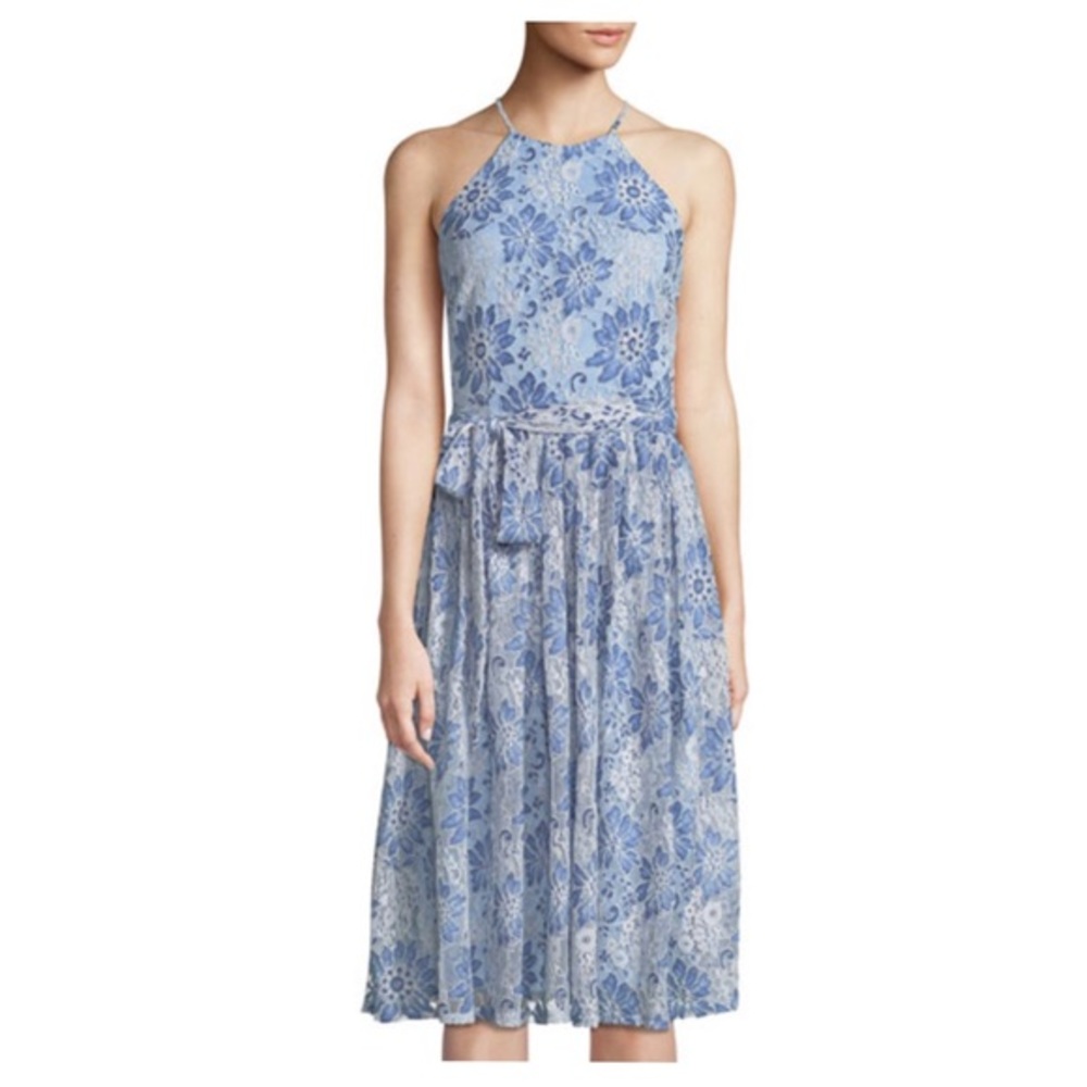 Alexia Admor Floral-Lace Bow-Waist Halter Dress Lg